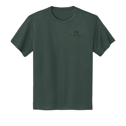 Omina Youth dark green moisture-wicking performance t-shirt with small black logo on the chest