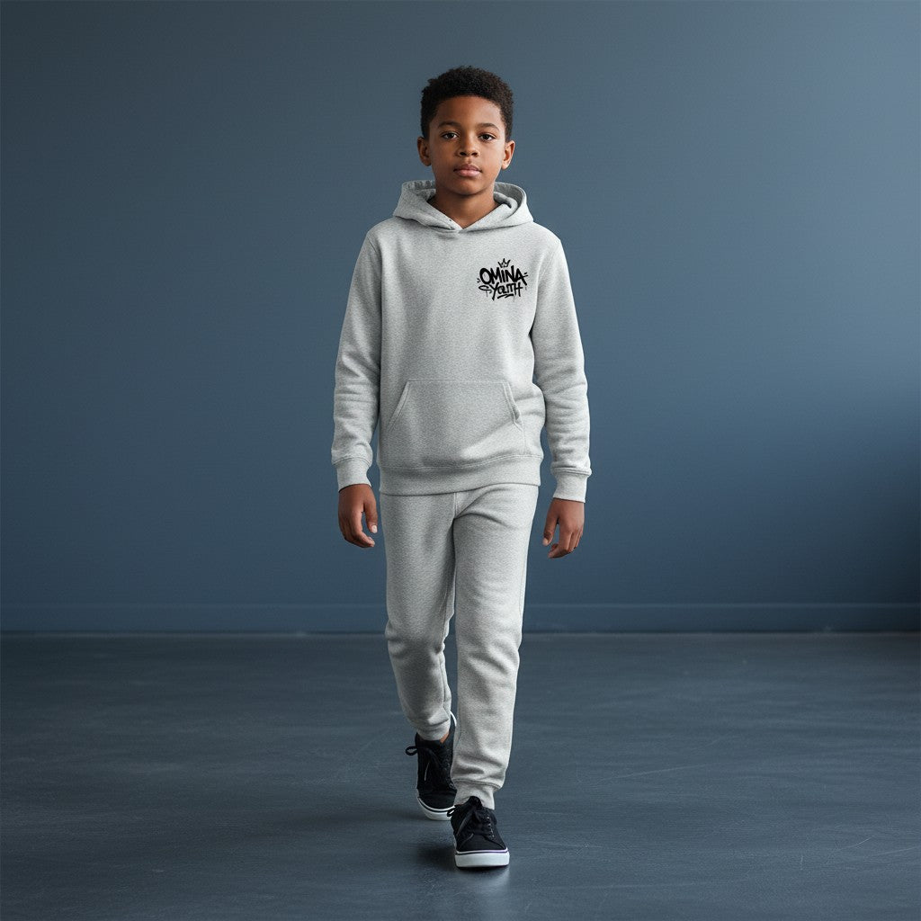 Omina grey heather heavyweight cotton blend youth hoodie with graffiti-style Omina Youth logo on chest.