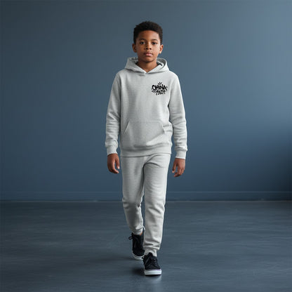 Omina grey heather heavyweight cotton blend youth hoodie with graffiti-style Omina Youth logo on chest.