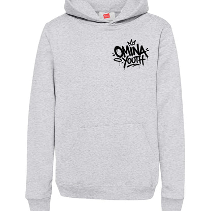 Omina grey heather heavyweight cotton blend youth hoodie with black graffiti logo on chest. Relaxed fit.