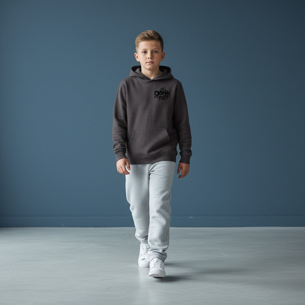 Omina Youth charcoal grey heavyweight hoodie with graffiti-style logo on chest. Relaxed fit, streetwear style.