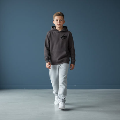 Omina Youth charcoal grey heavyweight hoodie with graffiti-style logo on chest. Relaxed fit, streetwear style.