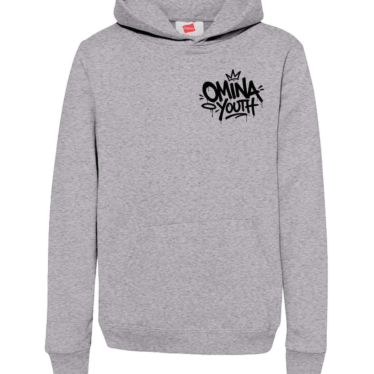Omina Youth grey heavyweight cotton blend hoodie with black graffiti logo on chest and front pocket.