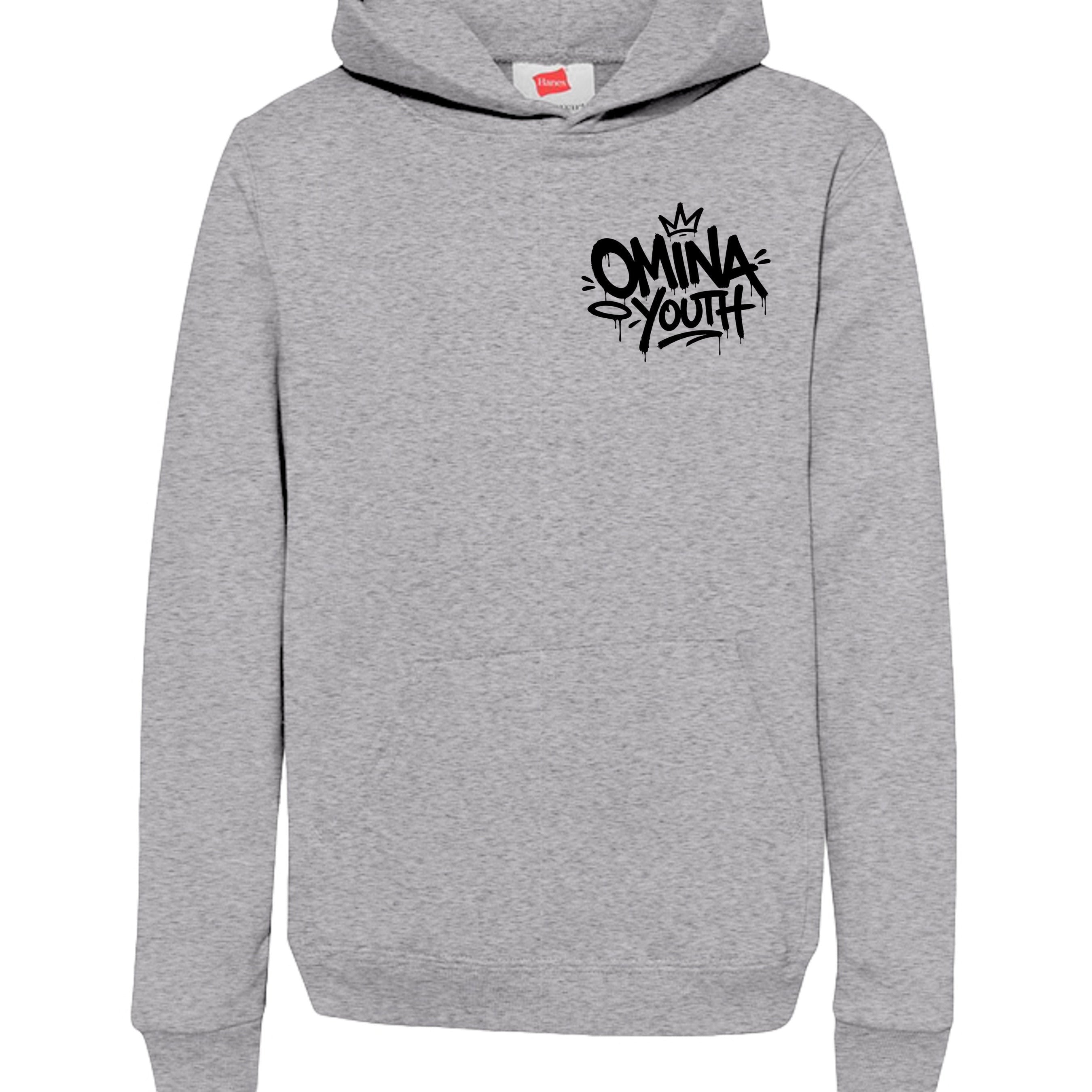 Omina Youth grey heavyweight cotton blend hoodie with black graffiti logo on chest and front pocket.