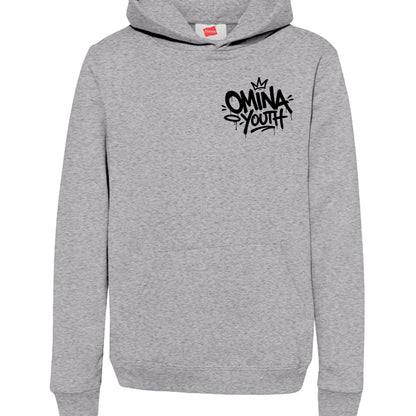 Omina Youth grey heavyweight cotton blend hoodie with black graffiti logo on chest and front pocket.