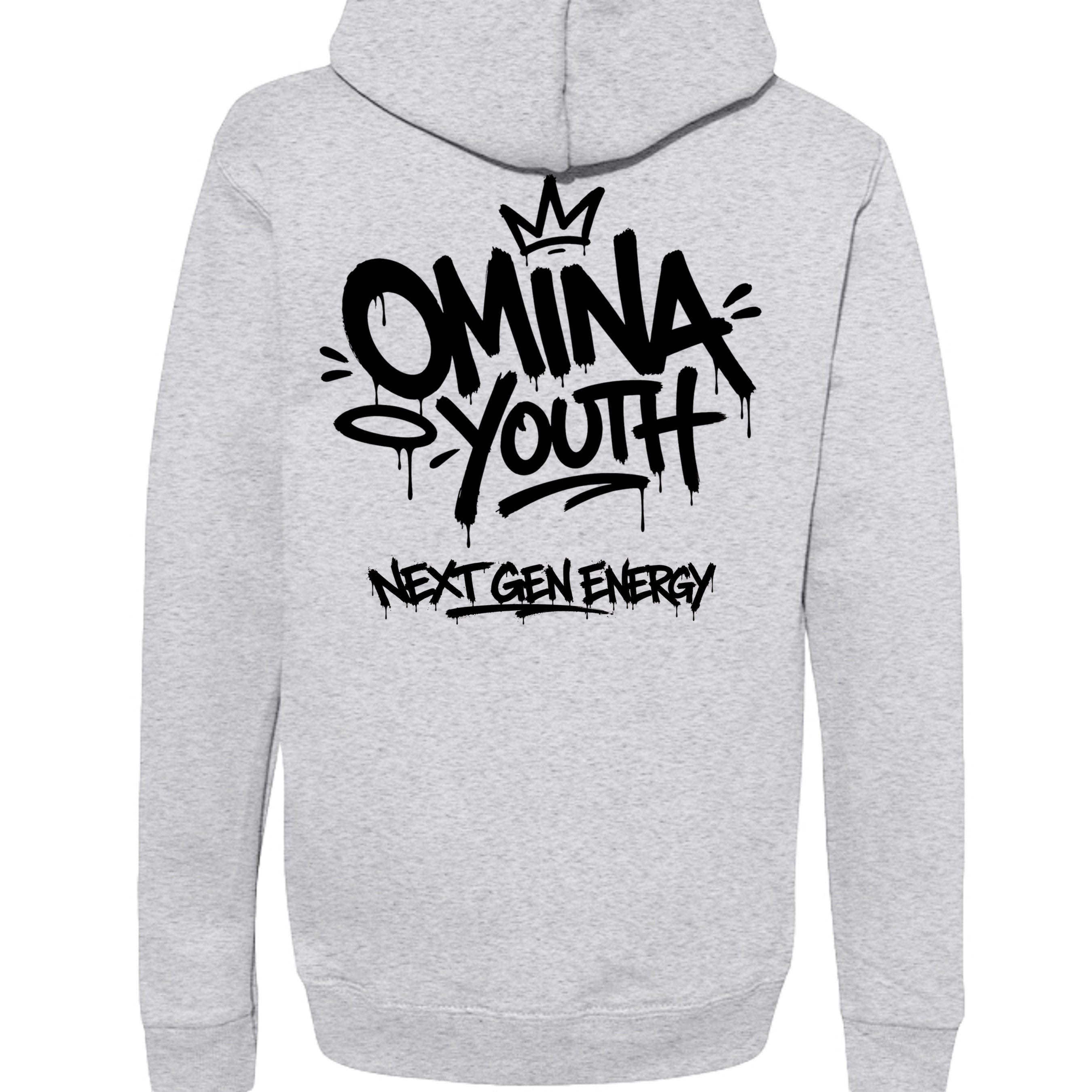 Omina Youth grey heavyweight hoodie with black graffiti-style logo and "Next Gen Energy" text.