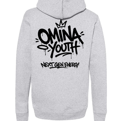 Omina Youth grey heavyweight hoodie with black graffiti-style logo and "Next Gen Energy" text.