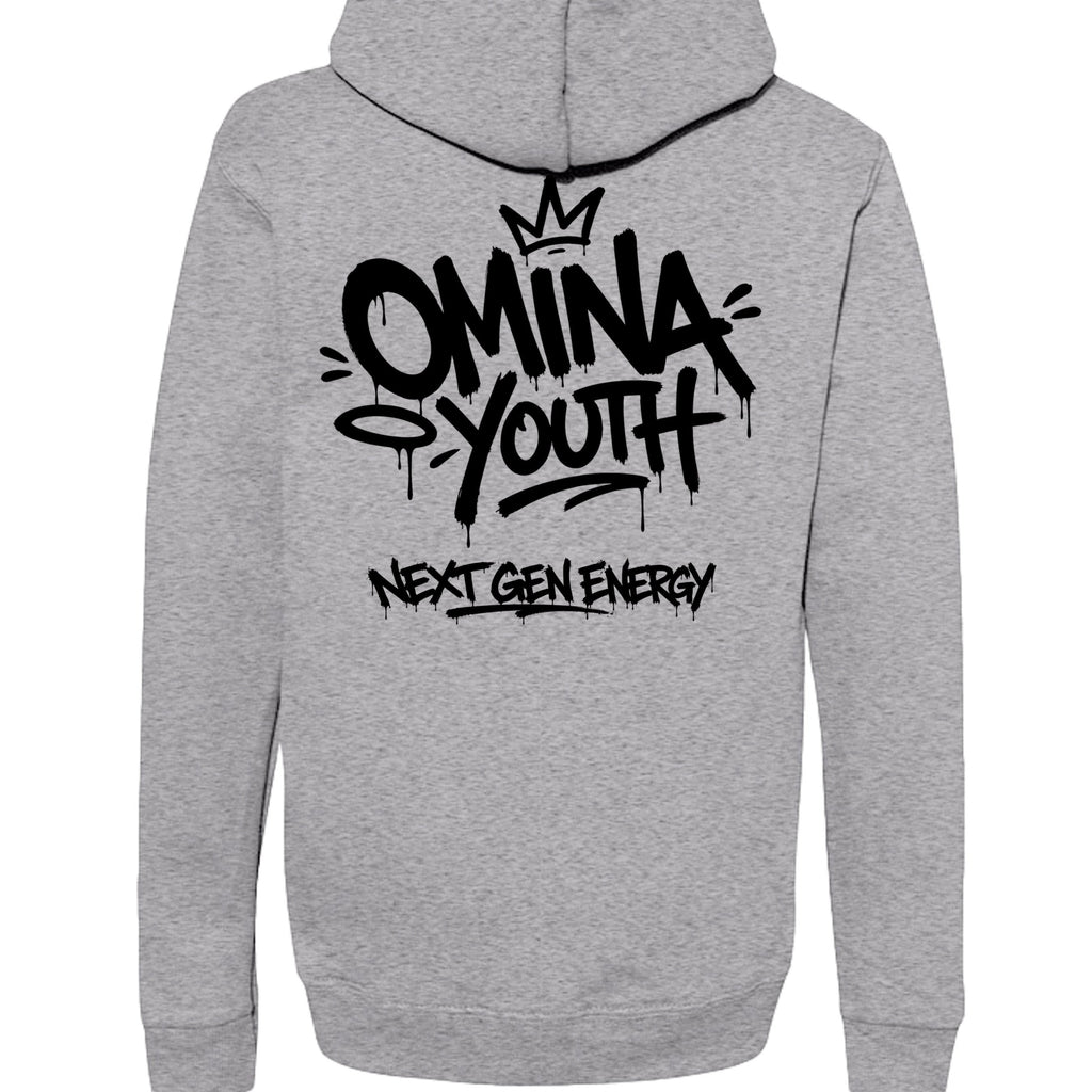 Omina Youth grey heavyweight hoodie with black graffiti-style logo and "Next Gen Energy" text.
