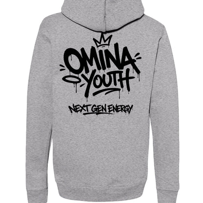 Omina Youth grey heavyweight hoodie with black graffiti-style logo and "Next Gen Energy" text.