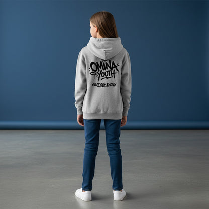 Omina Youth grey heavyweight cotton blend hoodie with black graffiti-style logo and "Next Gen Energy" text on back.