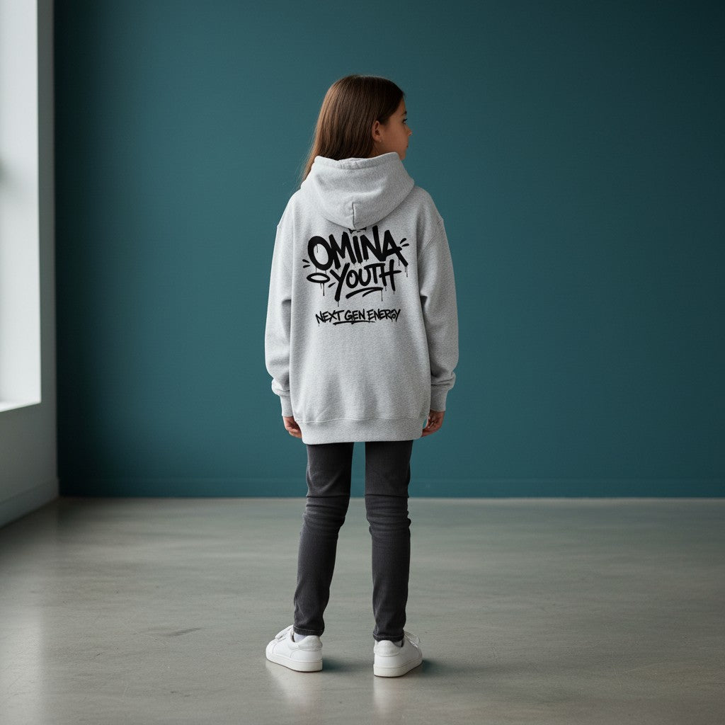 Omina Youth grey heavyweight hoodie with black graffiti-style logo and "Next Gen Energy" text.