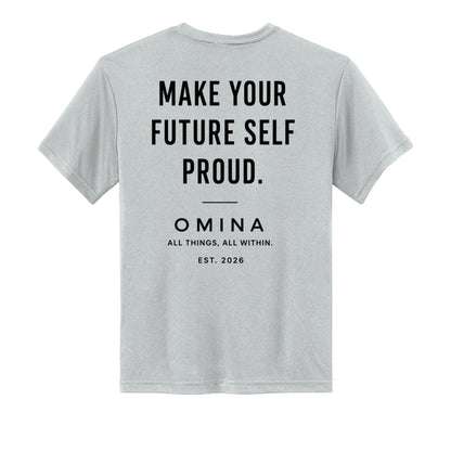 Back view of Omina youth grey performance tee featuring black text Make Your Future Self Proud and brand logo.