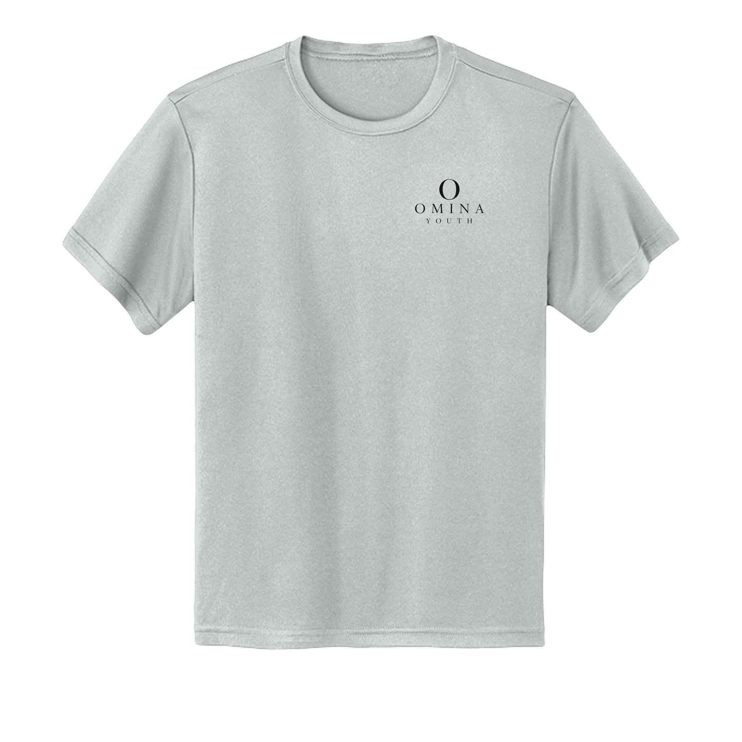 Omina youth grey moisture-wicking performance t-shirt with small black logo on the chest.