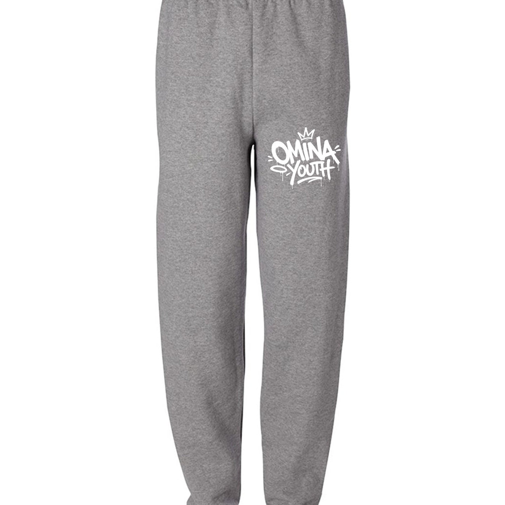Omina Youth grey sweatpants with relaxed fit and white graffiti-style logo on left thigh.