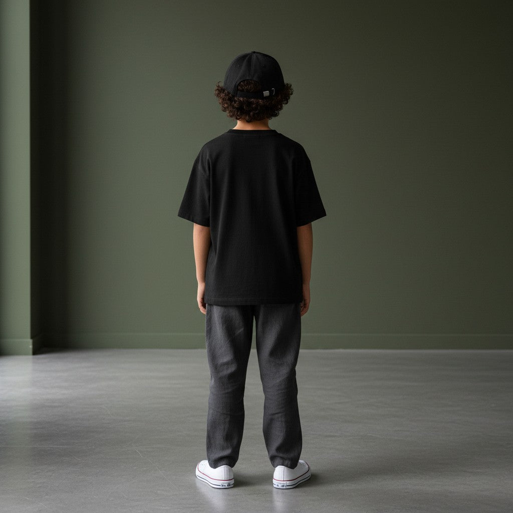 Omina black cotton twill low-profile youth baseball cap with adjustable buckle closure