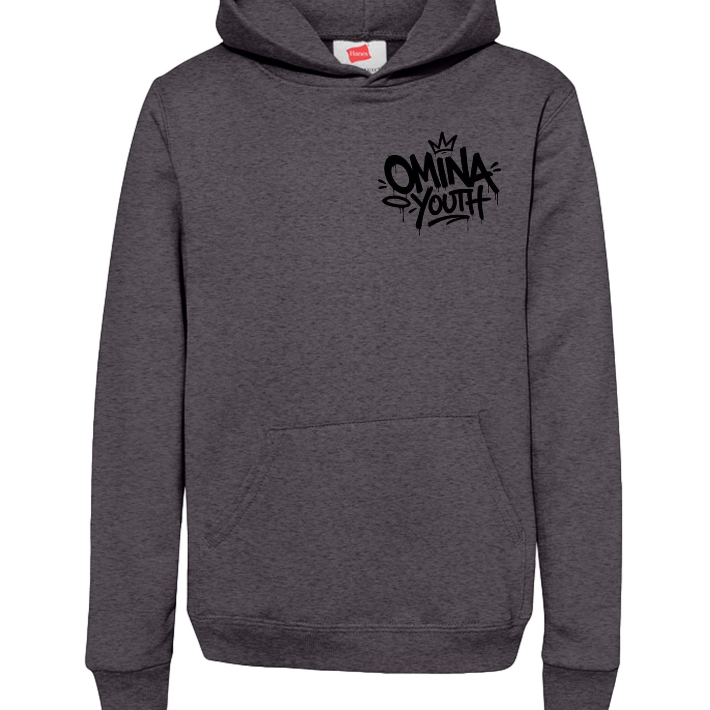 Omina dark grey heavyweight cotton blend youth hoodie with graffiti-style logo on chest and front pocket.