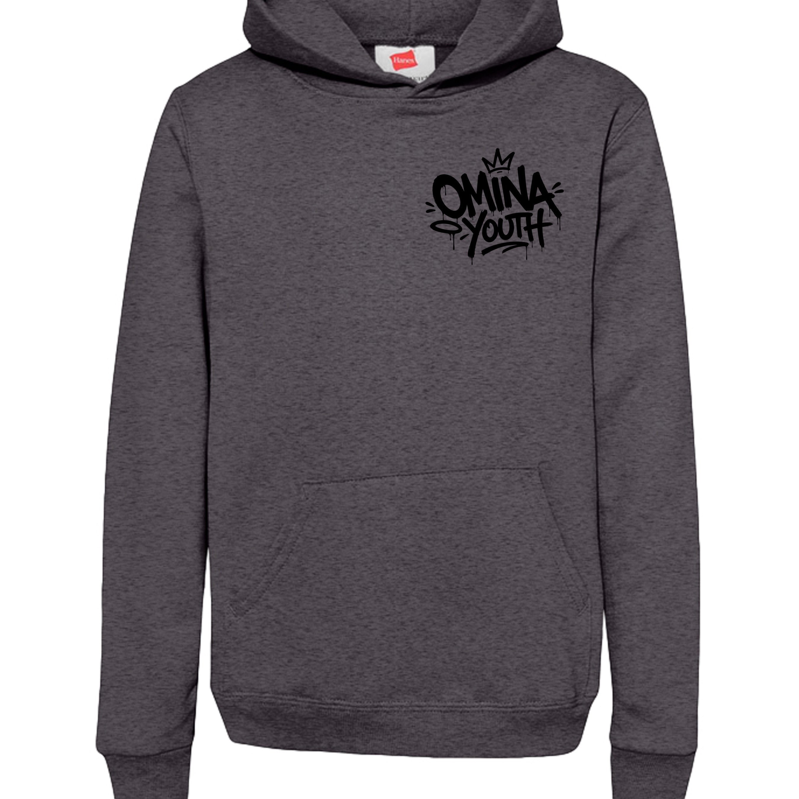 Omina dark grey heavyweight cotton blend youth hoodie with graffiti-style logo on chest and front pocket.
