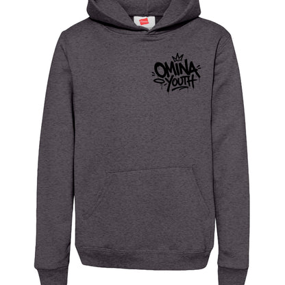 Omina dark grey heavyweight cotton blend youth hoodie with graffiti-style logo on chest and front pocket.