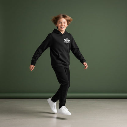 Omina black heavyweight cotton blend hoodie with graffiti-style Omina Youth logo on chest. Relaxed fit.
