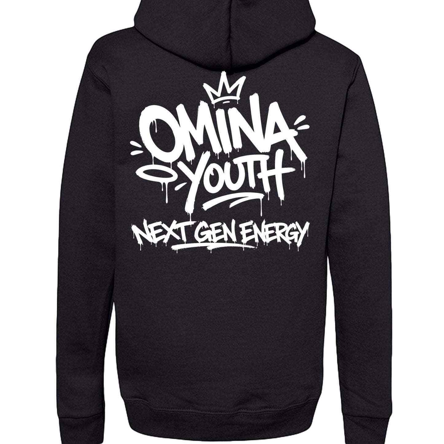 Omina black heavyweight hoodie with graffiti-style Omina Youth Next Gen Energy graphic on back.