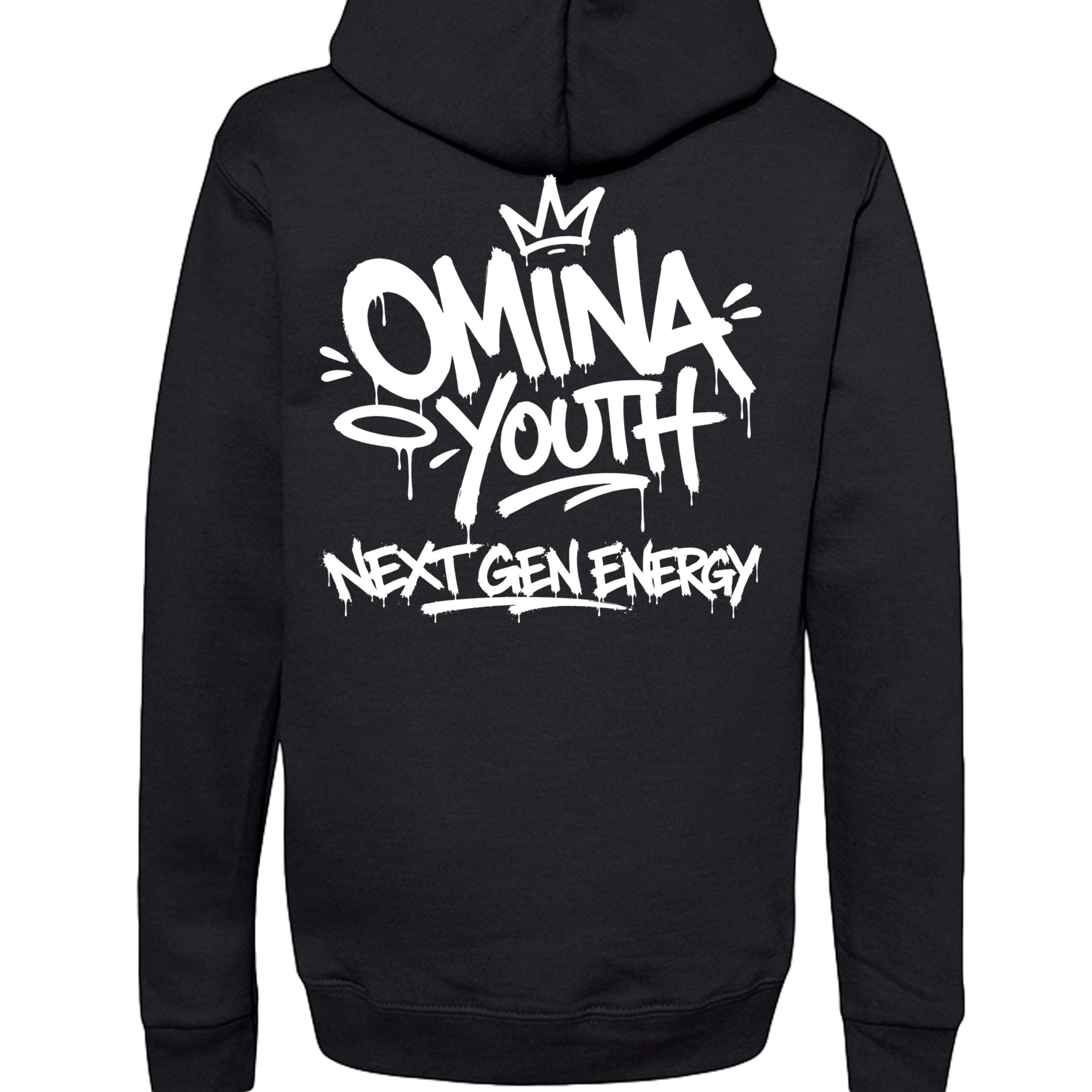 Omina black heavyweight hoodie with graffiti-style Omina Youth Next Gen Energy graphic on back.