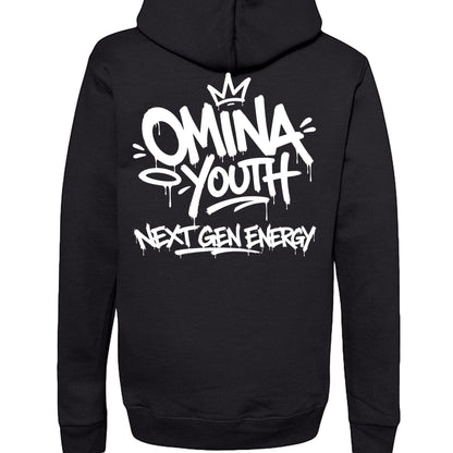 Omina black heavyweight hoodie with graffiti-style Omina Youth Next Gen Energy graphic on back.