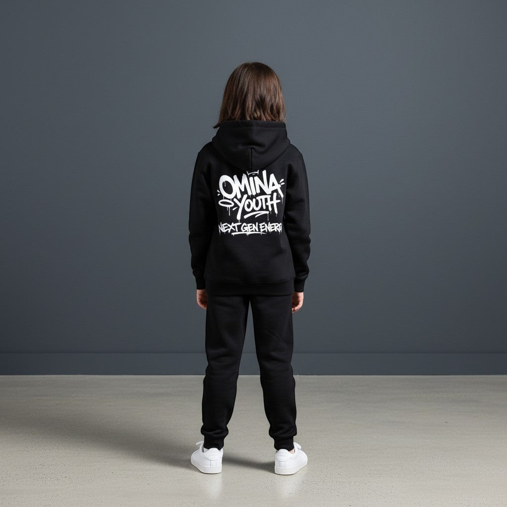 Omina black heavyweight hoodie with graffiti-style OMINA YOUTH NEXT GEN ENERGY graphic print on back.