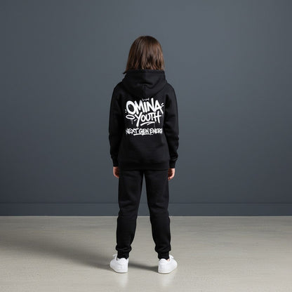 Omina black heavyweight hoodie with graffiti-style OMINA YOUTH NEXT GEN ENERGY graphic print on back.