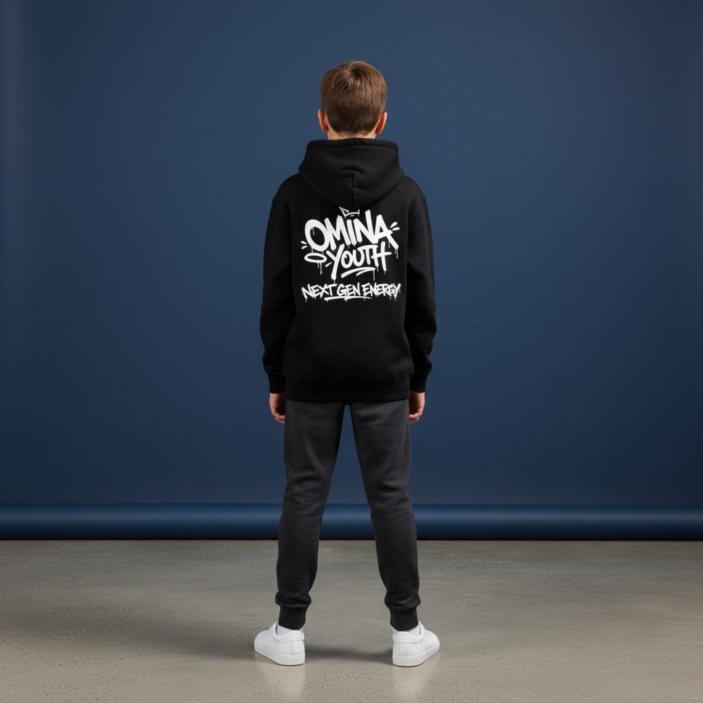 Omina black heavyweight hoodie with white graffiti-style OMINA YOUTH NEXT GEN ENERGY graphic on back.