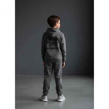 Omina dark grey heavyweight cotton blend hoodie with graffiti-style Omina Youth logo and Next Gen Energy text.