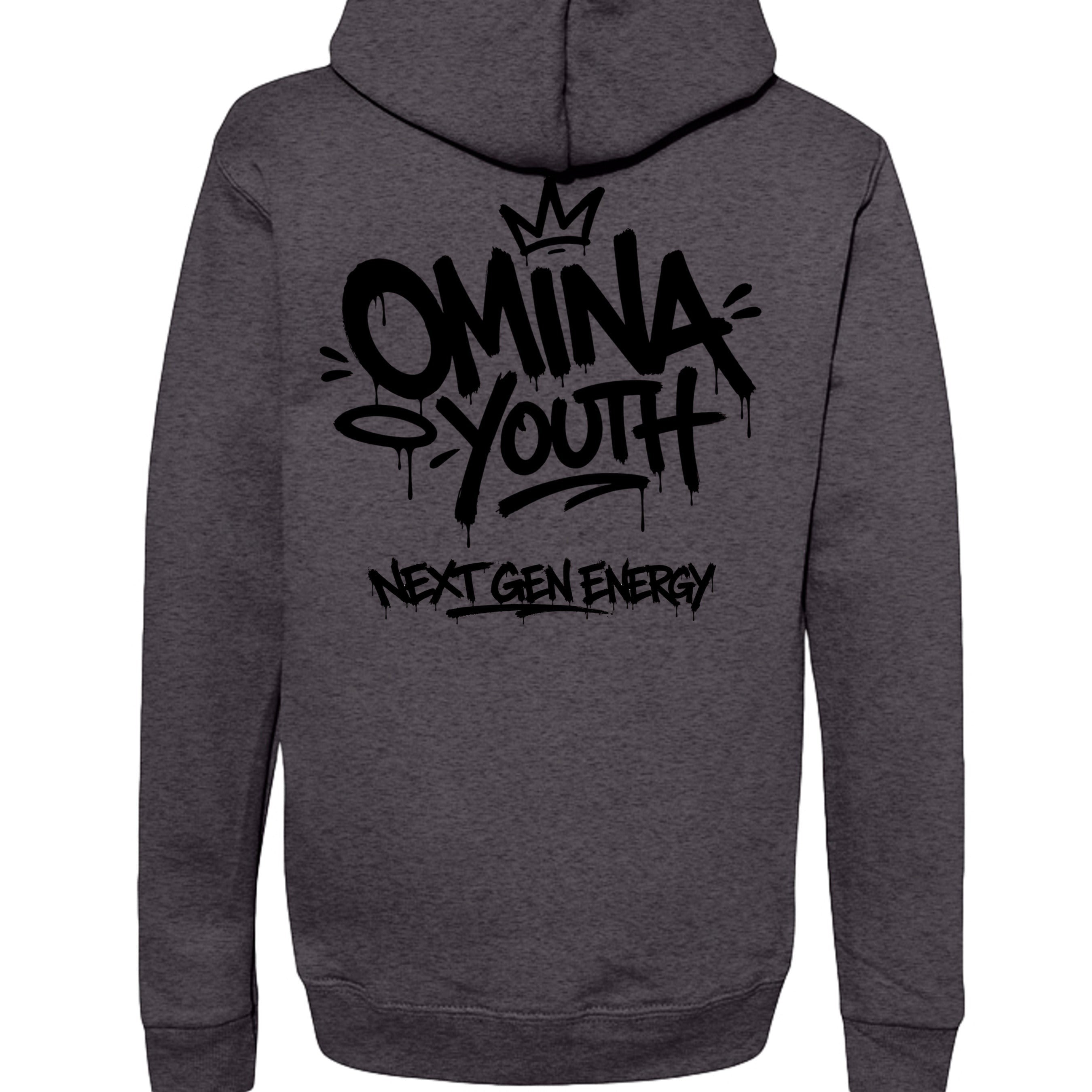 Omina dark grey heavyweight cotton blend hoodie with graffiti-style Omina Youth Next Gen Energy graphic on back.