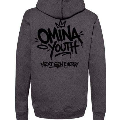 Omina dark grey heavyweight cotton blend hoodie with graffiti-style Omina Youth Next Gen Energy graphic on back.