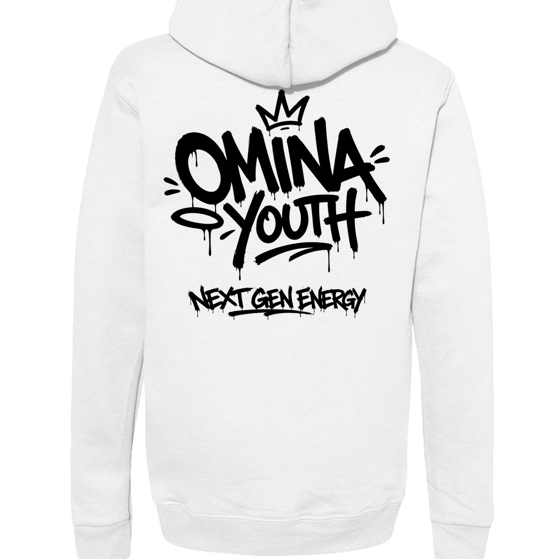 Omina white heavyweight cotton hoodie with black graffiti-style OMINA Youth logo and "NEXT GEN ENERGY" text.