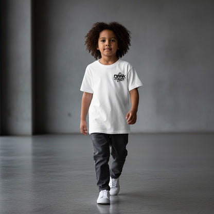 Omina Youth white 100% cotton t-shirt with black graffiti-style logo on left chest. Relaxed fit, crew neck.
