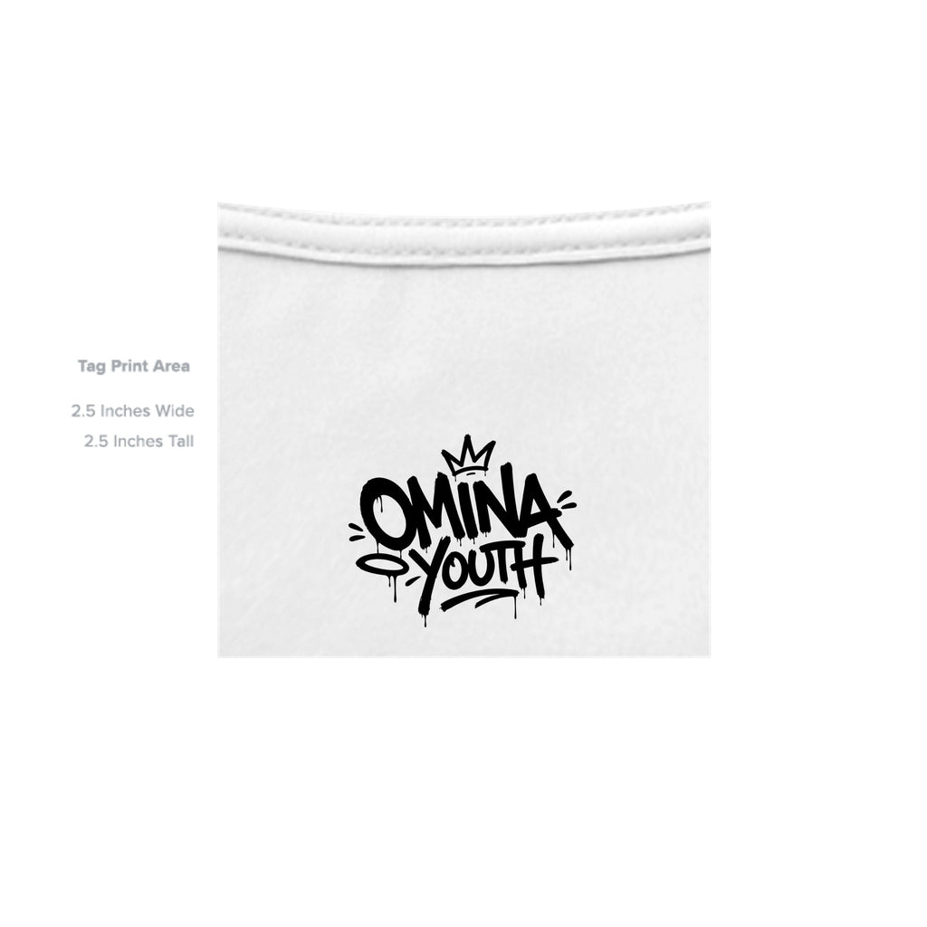 Omina Youth white 100% cotton t-shirt with black graffiti-style logo and crown graphic.