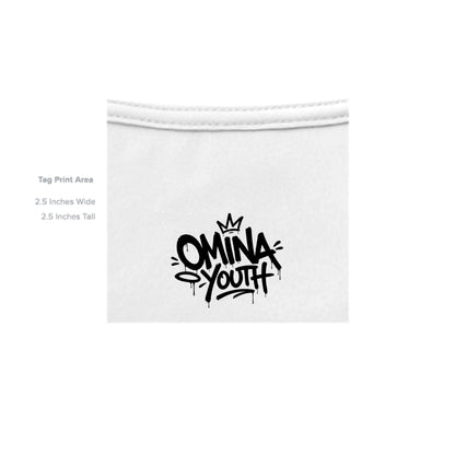 Omina Youth white 100% cotton t-shirt with black graffiti-style logo and crown graphic.
