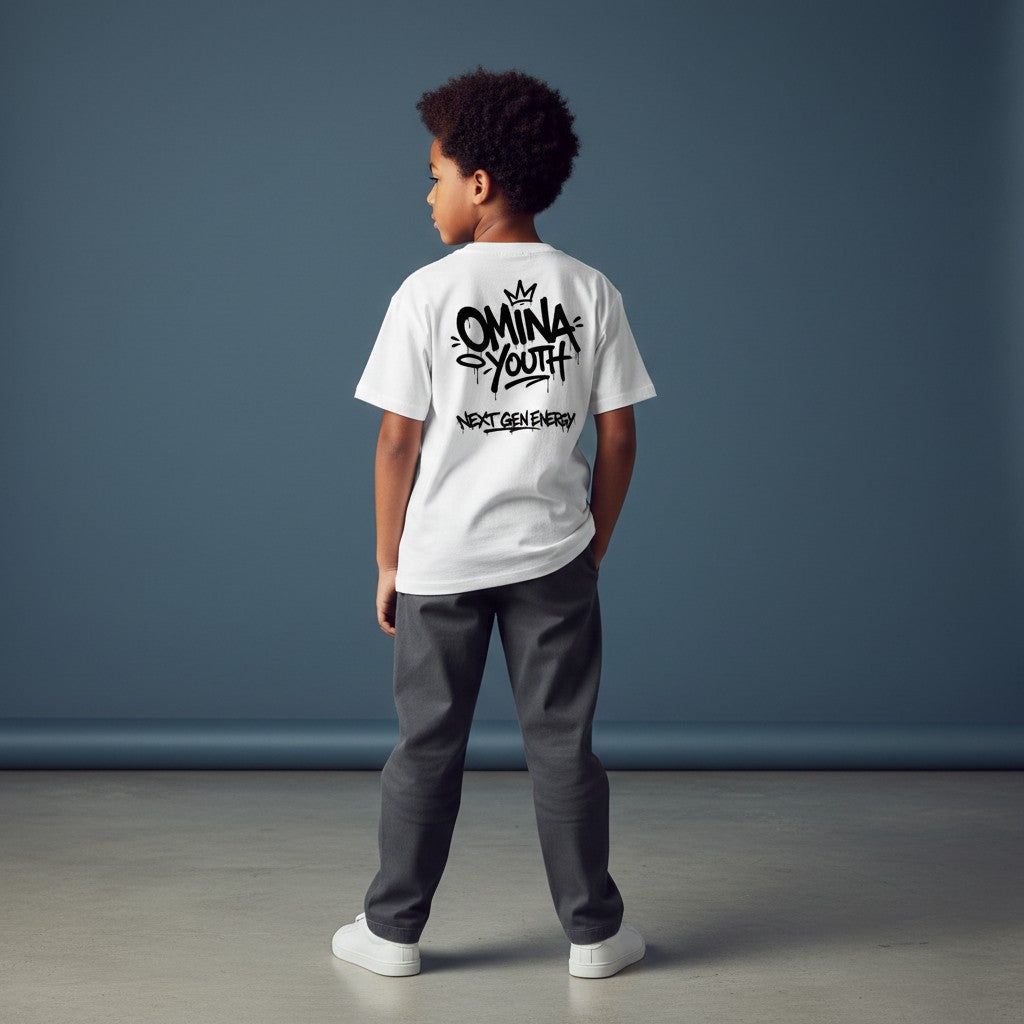 Omina Youth white 100% cotton t-shirt with black graffiti-style logo and text "NEXT GEN ENERGY".