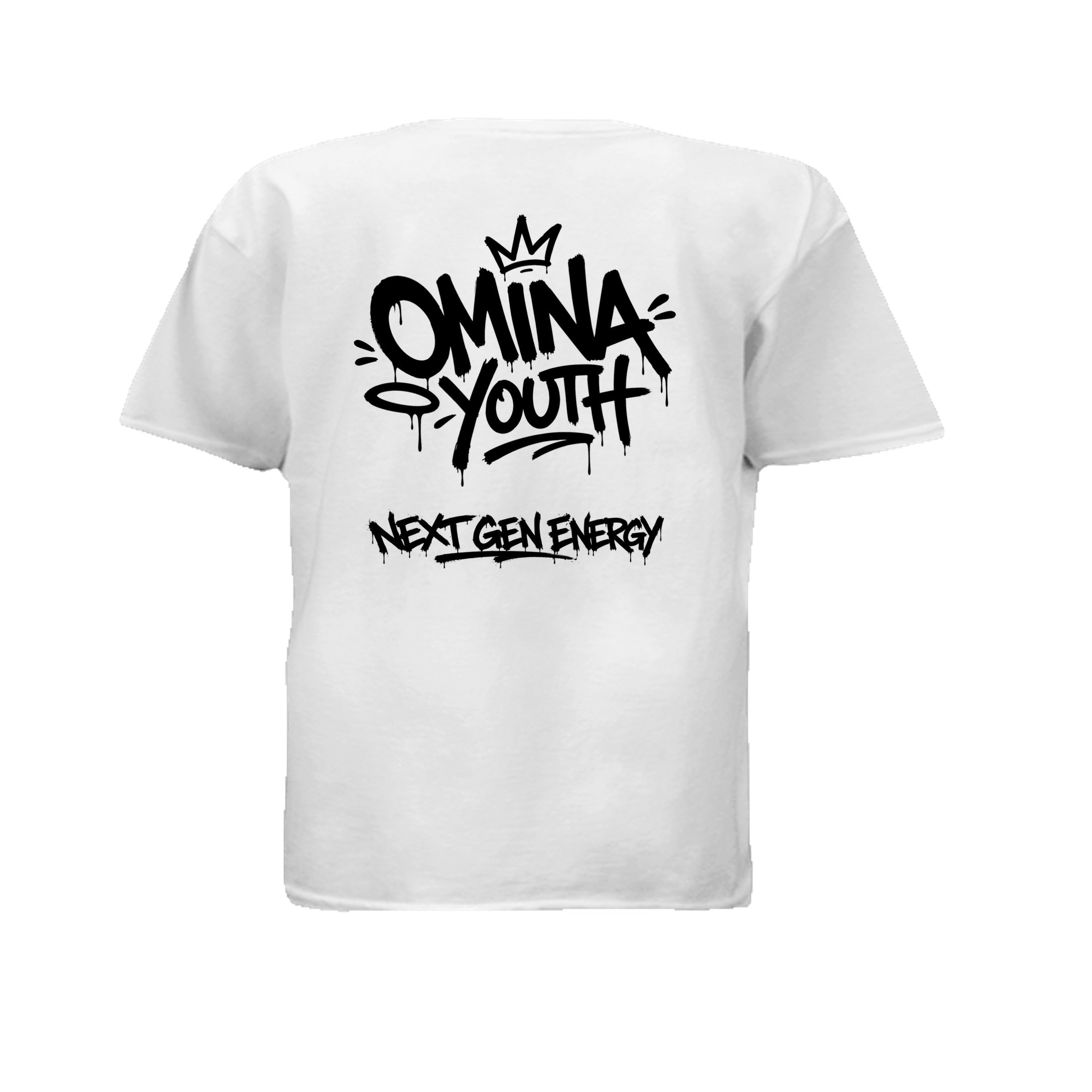 Omina Youth white 100% cotton t-shirt with black graffiti-style logo and "Next Gen Energy" text.