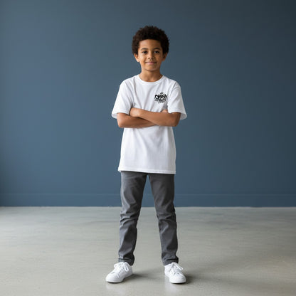 Omina Youth white 100% cotton t-shirt with black graffiti-style logo on the left chest.