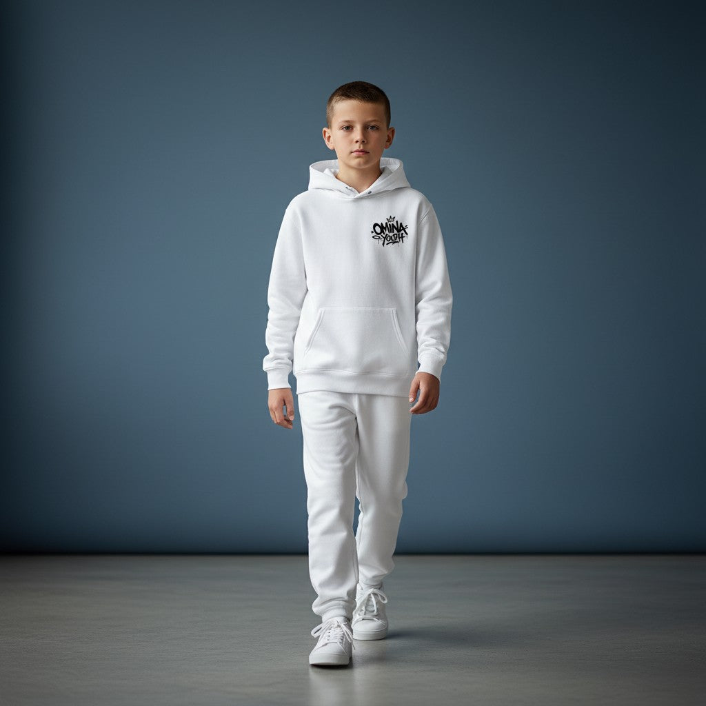 Omina Youth white heavyweight cotton hoodie with black graffiti-style logo on chest. Relaxed fit, streetwear style.