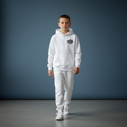 Omina Youth white heavyweight cotton hoodie with black graffiti-style logo on chest. Relaxed fit, streetwear style.