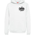 Omina Youth white heavyweight cotton hoodie with black graffiti-style logo on chest. Relaxed fit, streetwear style.