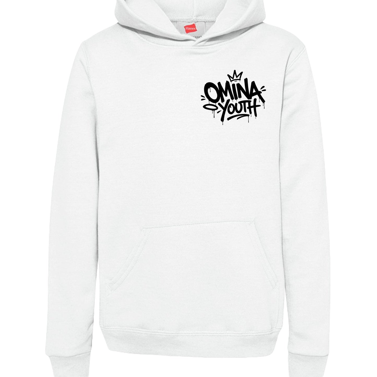 Omina Youth white heavyweight cotton hoodie with black graffiti-style logo on chest. Relaxed fit, streetwear style.