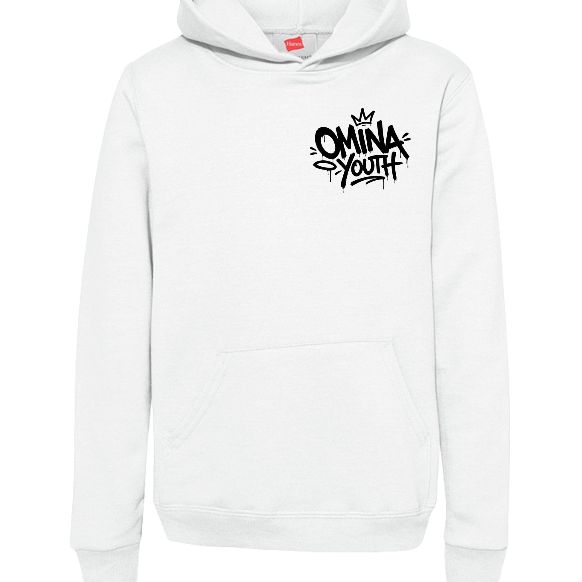 Omina Youth white heavyweight cotton hoodie with black graffiti-style logo on chest. Relaxed fit, streetwear style.