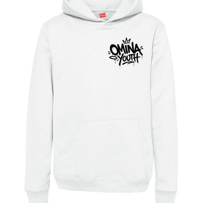 Omina Youth white heavyweight cotton hoodie with black graffiti-style logo on chest. Relaxed fit, streetwear style.