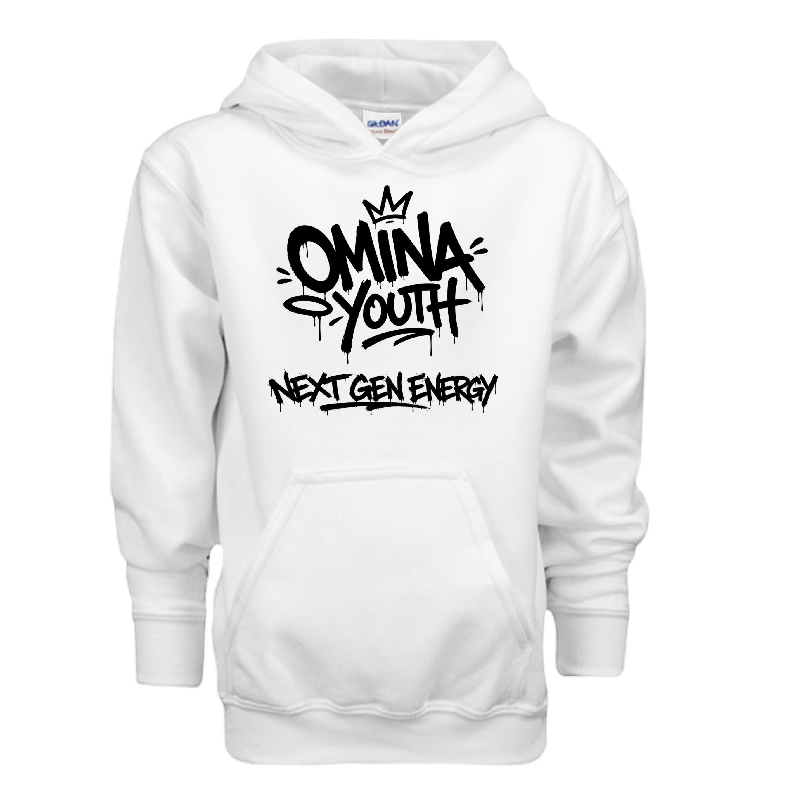 Omina Youth white cotton hoodie with black graffiti-style logo and "Next Gen Energy" text.