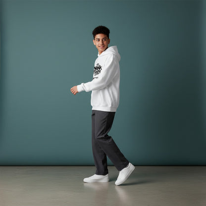 Omina Youth white cotton hoodie with black graffiti-style logo and "Next Gen Energy" text.