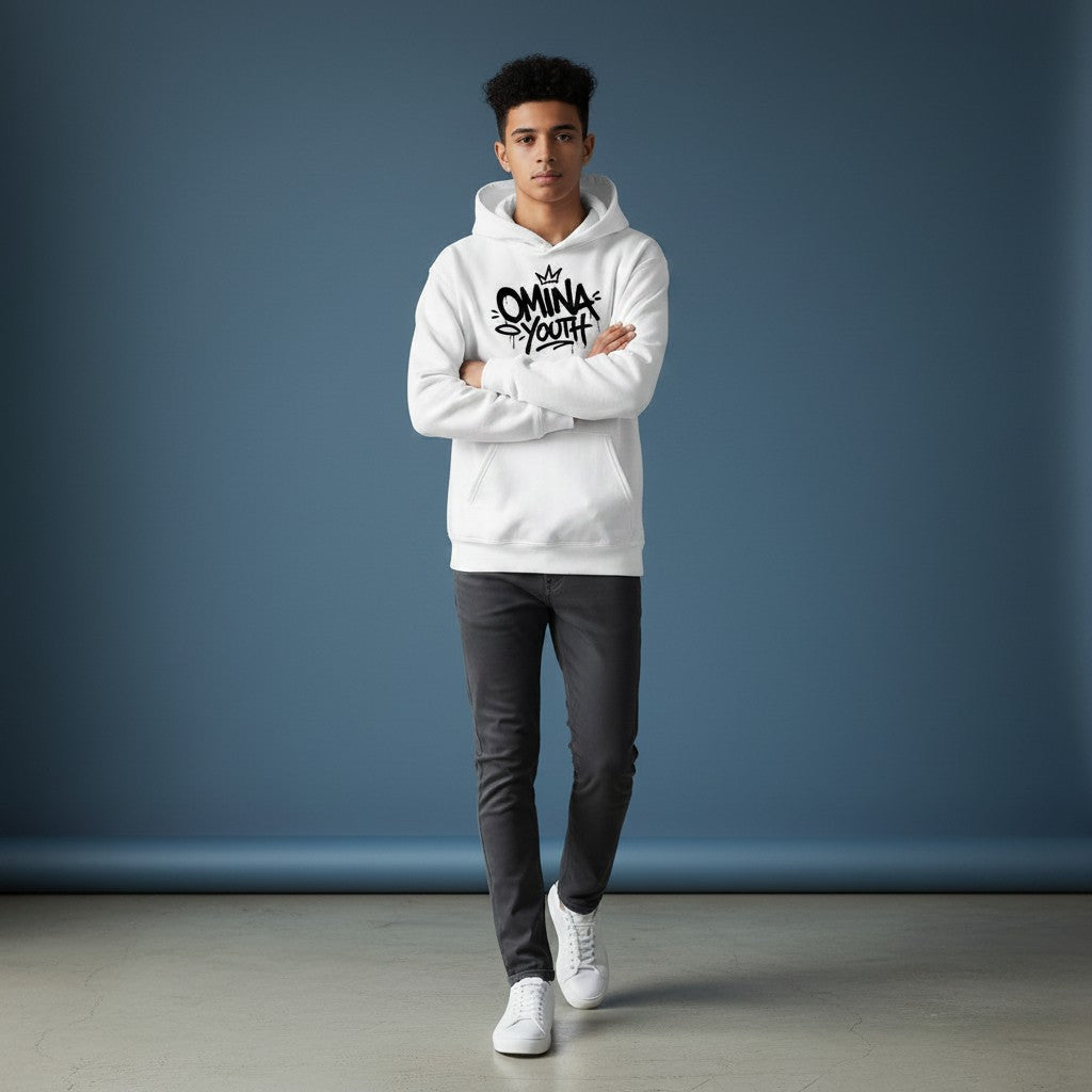 Omina Youth white heavyweight hoodie with black graffiti logo and "Next Gen Energy" text. Oversized fit, streetwear style.