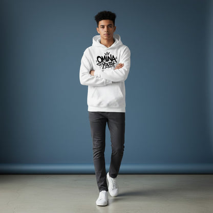 Omina Youth white heavyweight hoodie with black graffiti logo and "Next Gen Energy" text. Oversized fit, streetwear style.