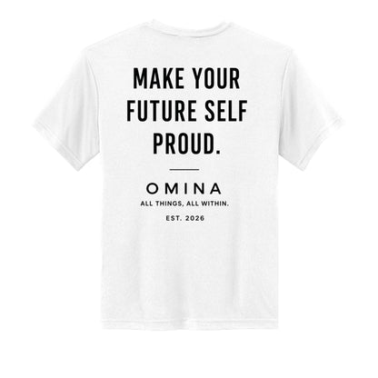 Omina youth white performance tee featuring black text on the back that reads Make Your Future Self Proud.